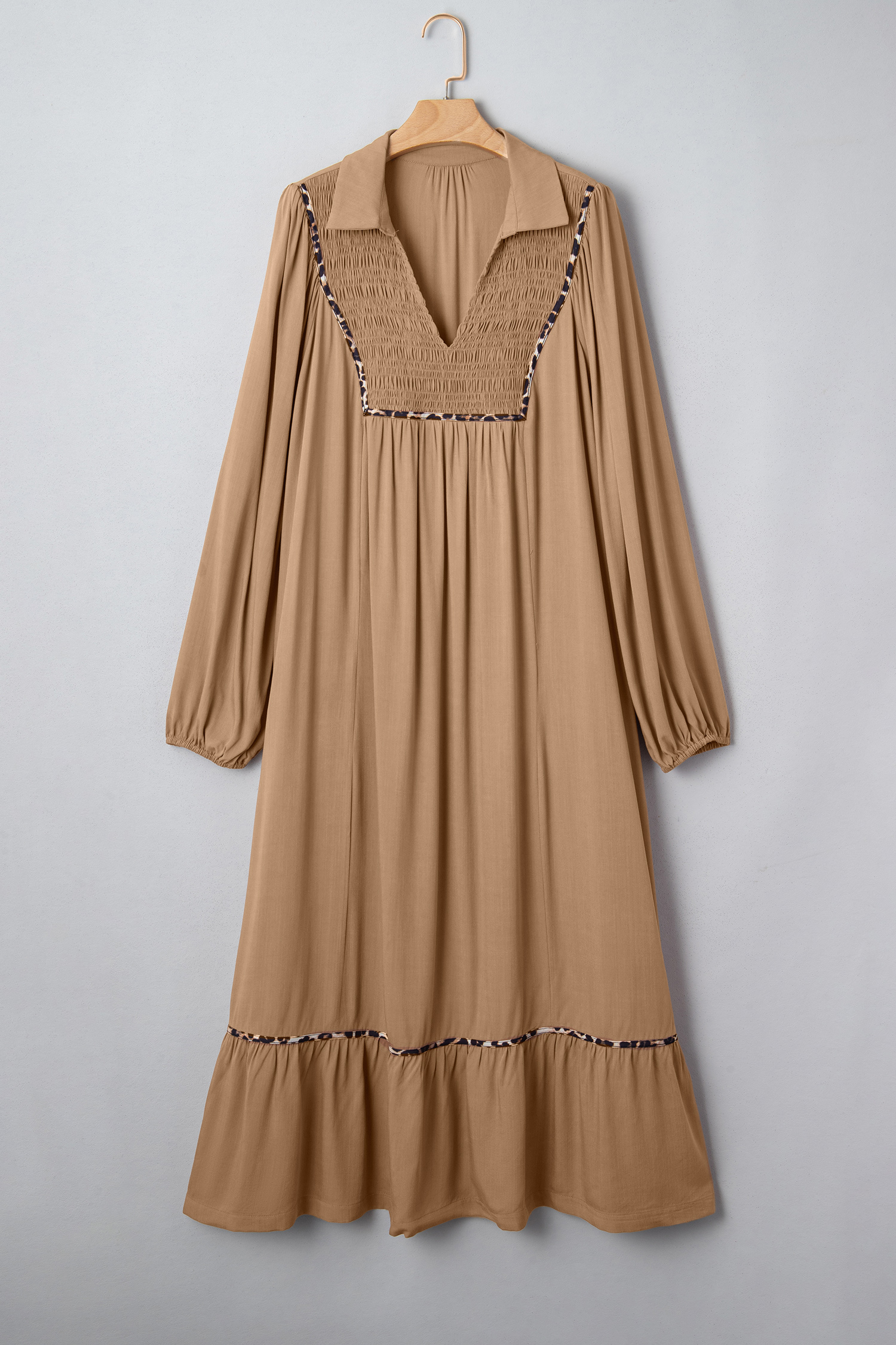 Four Leaf Clover Collared V Neck Smocked Detail Contrast Leopard Trim Bracelet Sleeve Long Dress - loveforevers