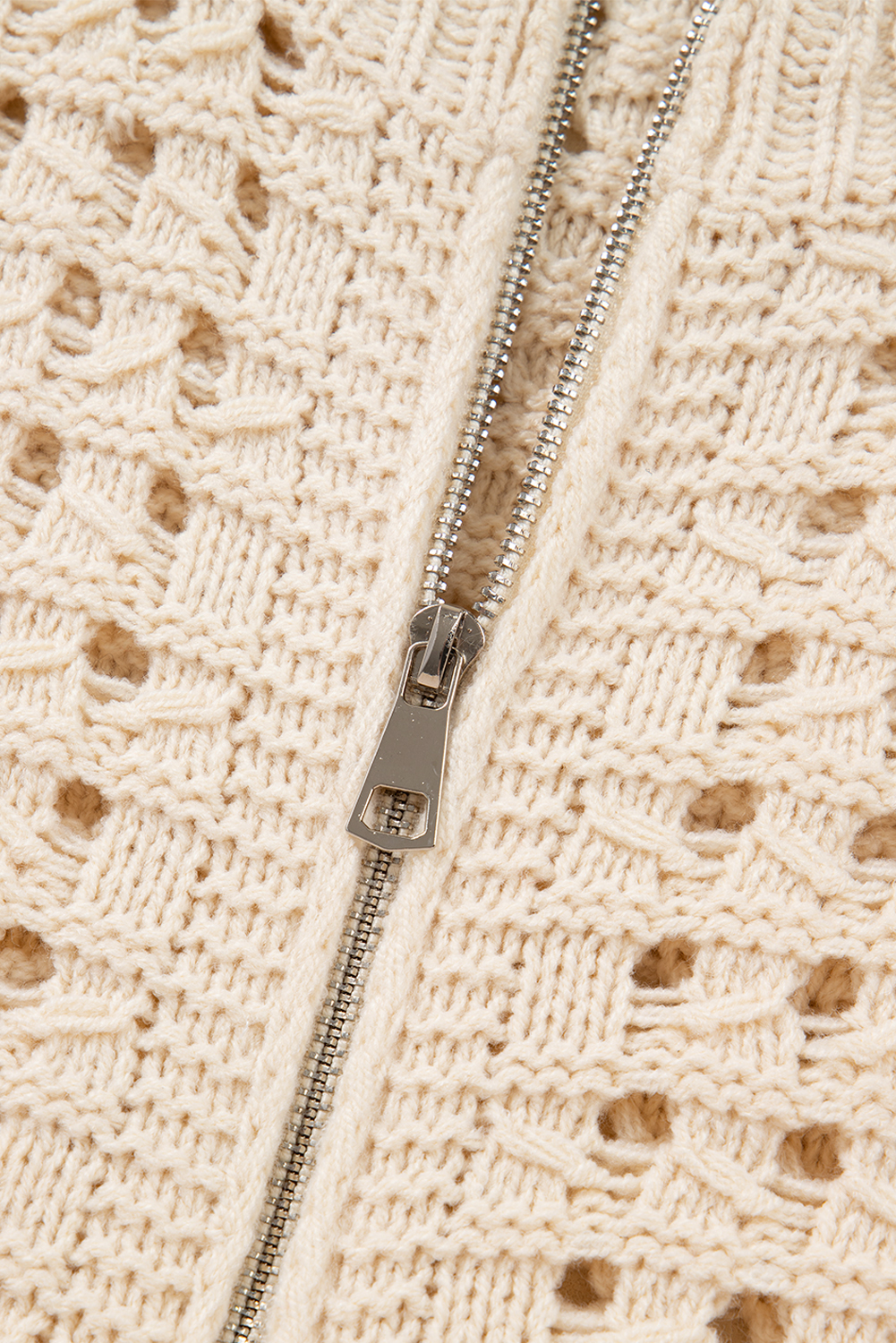 Beige Hollowed Pattern Knit Zip Up Drop Shoulder Sweater Cardigan - loveforevers