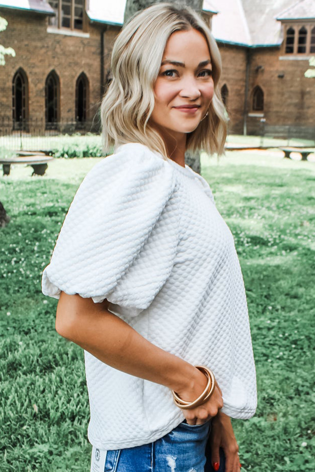 White Solid Textured O Neck Puff Sleeve Blouse - loveforevers