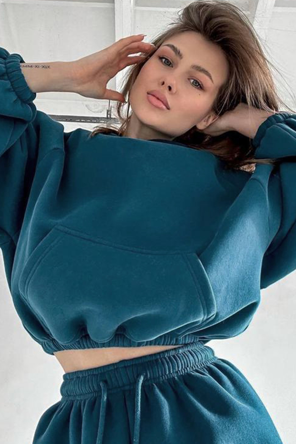 Peacock Blue Cozy Hooded Sweatshirt Drawstring Elastic Waistband Cargo Pant Set - loveforevers