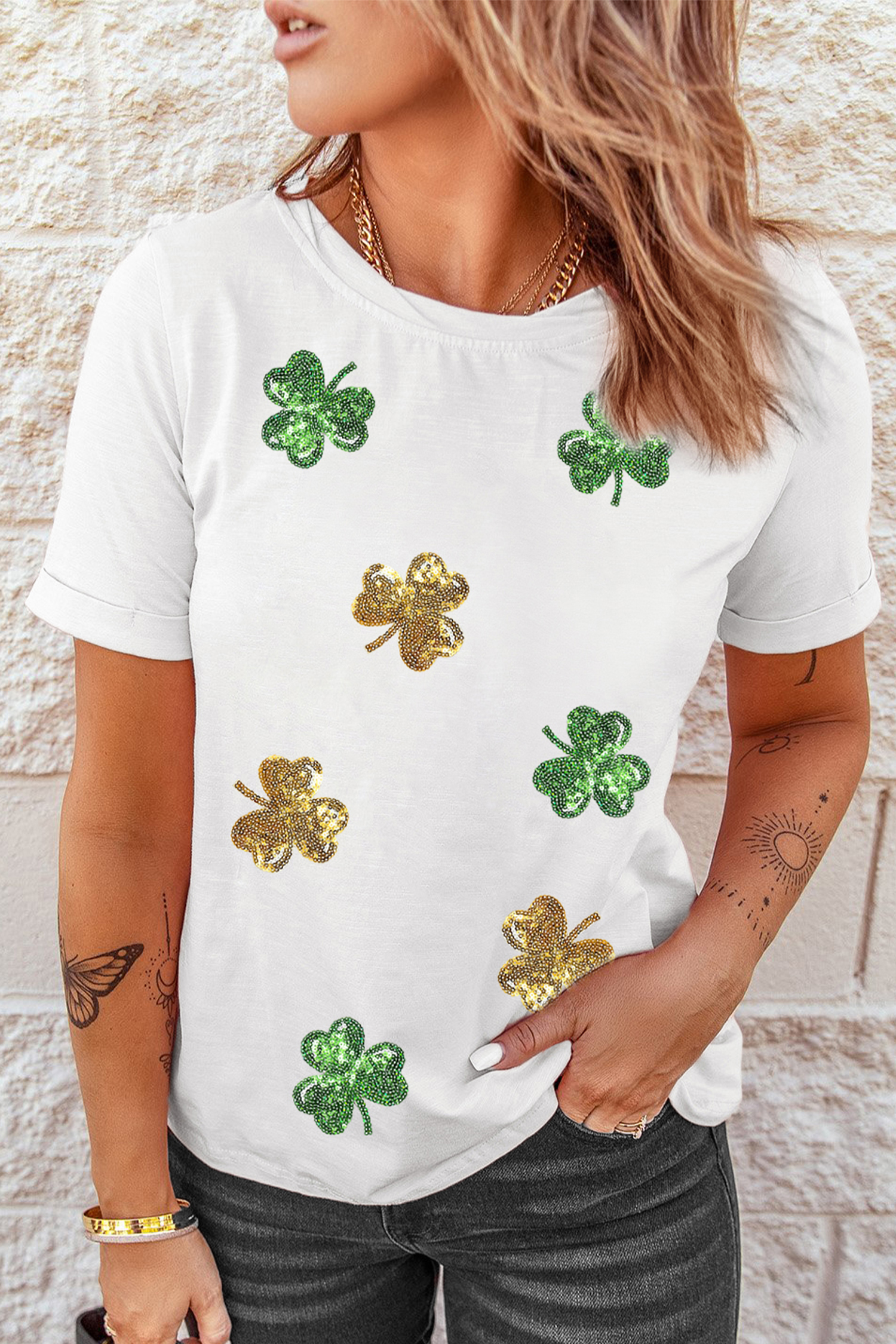 White 2-tone Sequin Clovers St Patricks Day T Shirt - loveforevers