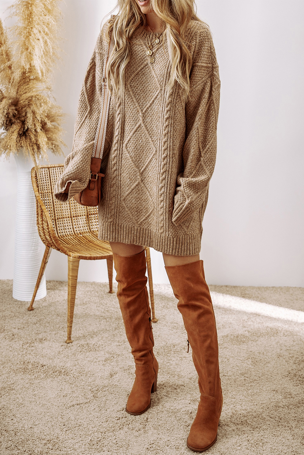 Parchment Cable Knit Drop Shoulder Loose Fit Sweater Dress - loveforevers