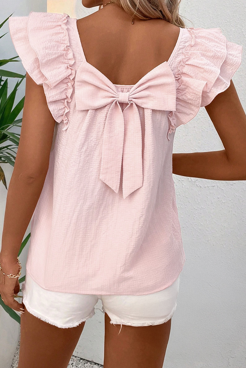 Beau Blue Textured Bow Knot Frilled Butterfly Sleeve Blouse - loveforevers