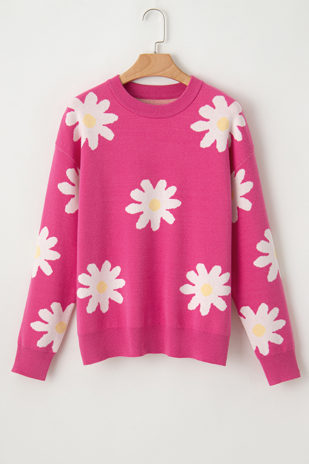 Bright Pink Daisy Flower Crew Neck Long Sleeve Sweater - loveforevers