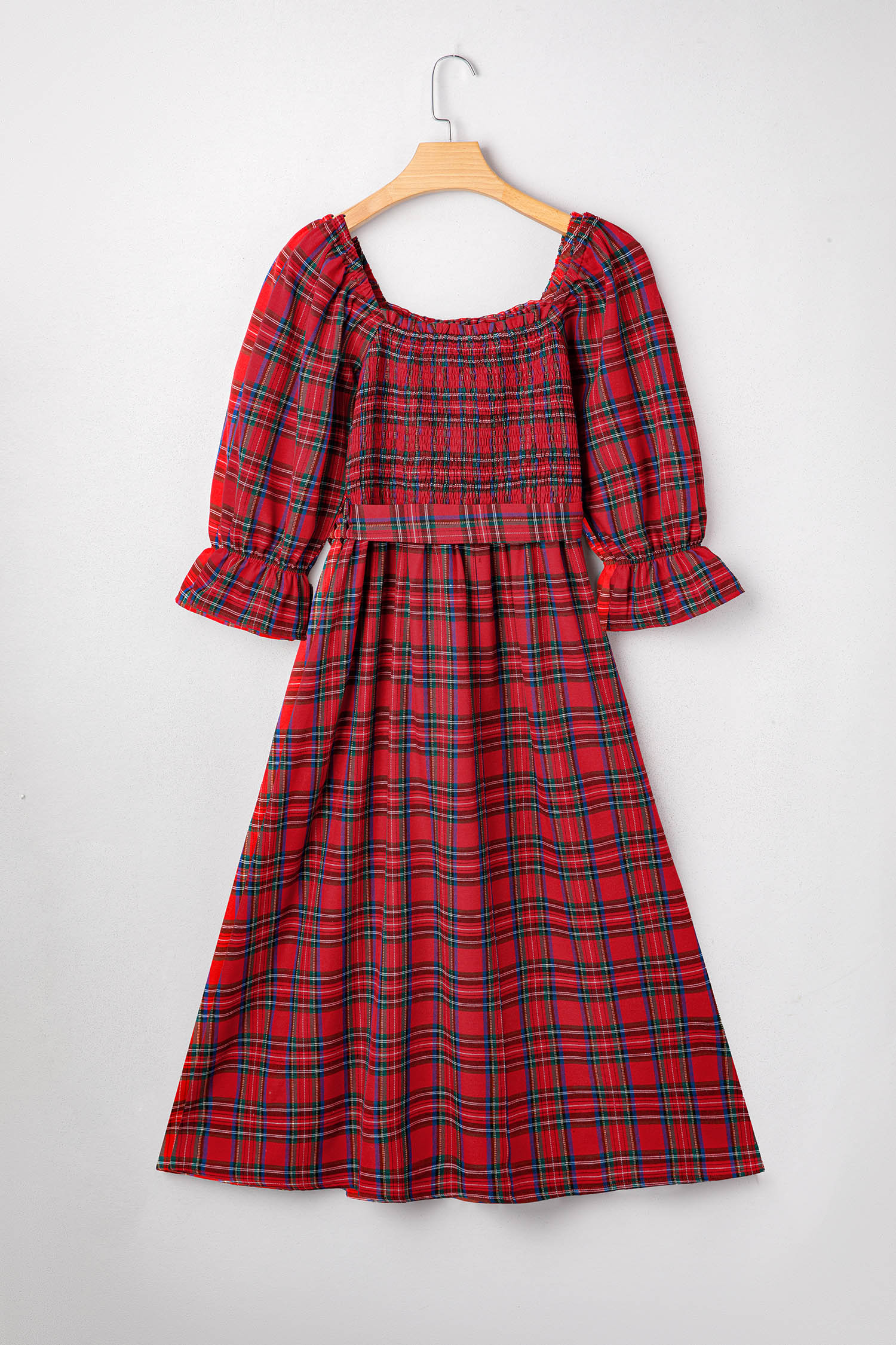 Red Tartan Plaid Square Neck Puff Sleeve Knot Waist Flared Midi Dress - loveforevers
