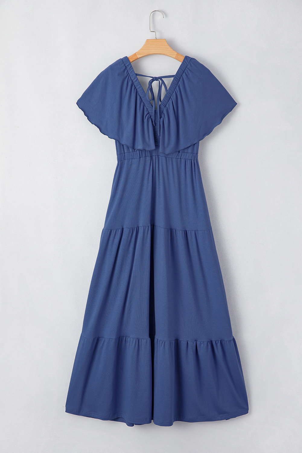 Grass Green Textured V Neck Flutter Sleeve Ruffled Maxi Dress - loveforevers