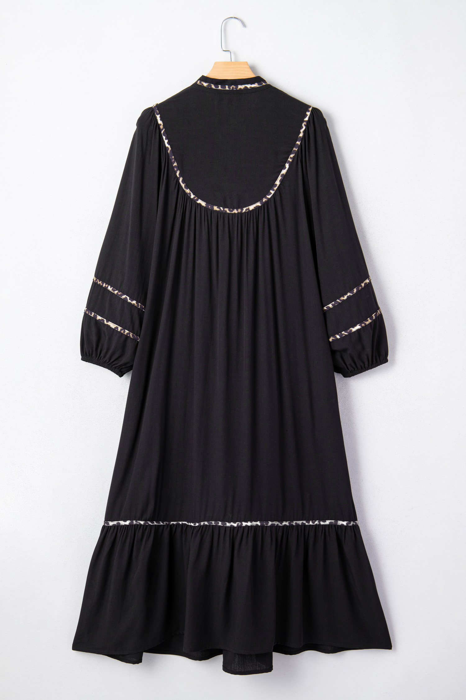 Black Contrast Leopard Trim Split Neck Long Sleeve Casual Midi Dress - loveforevers