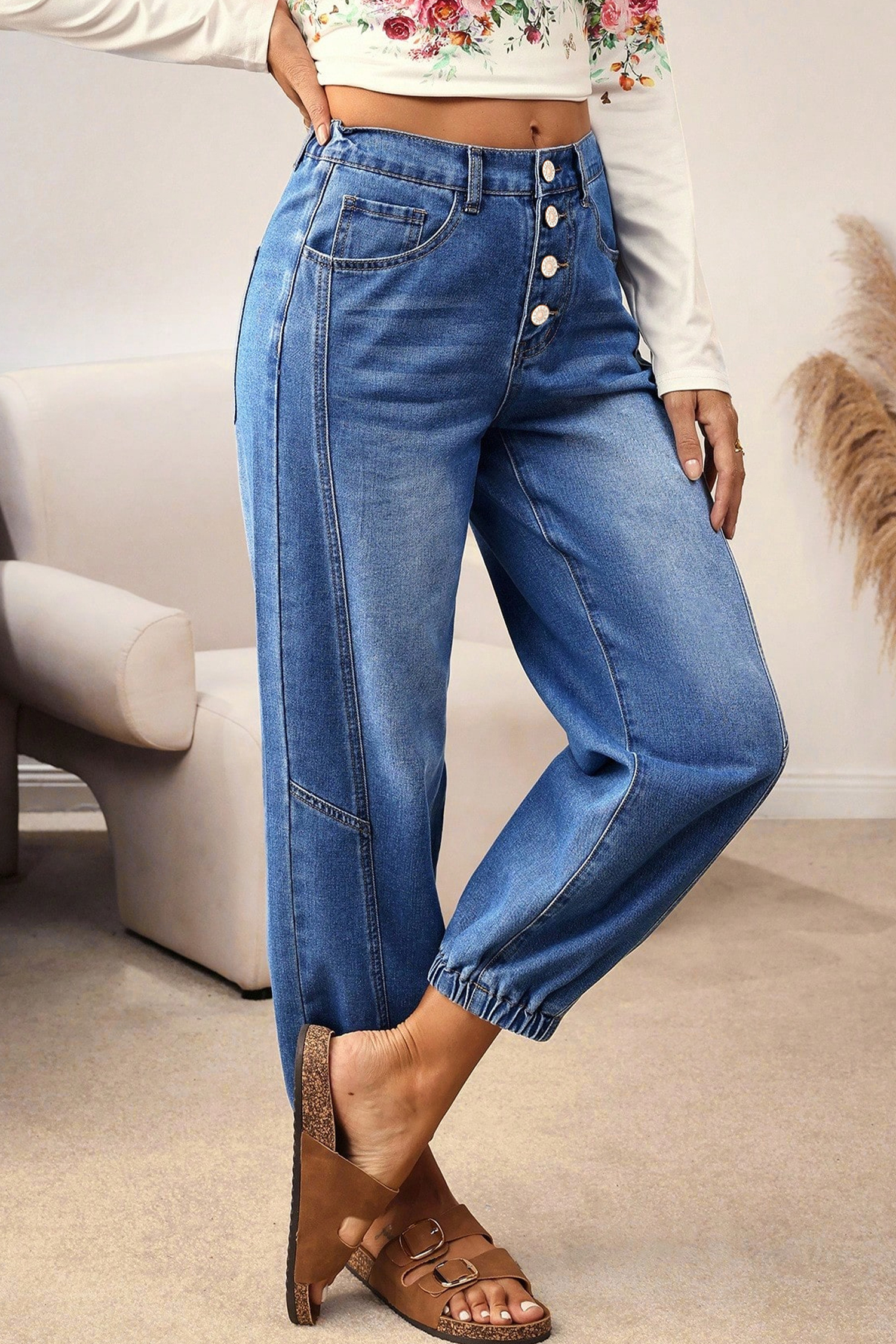 Dusk Blue Loose Straight Leg Cropped High Waist Jeans - loveforevers