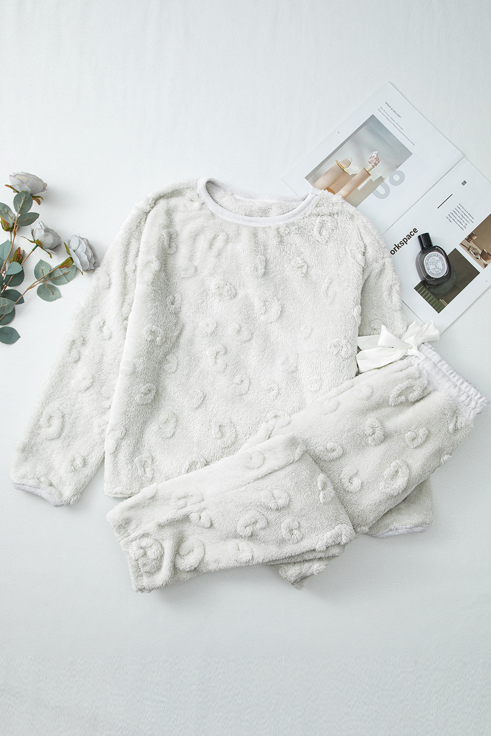 Light Grey Textured Leopard Fleece Loose Two Piece Lounge Set - loveforevers