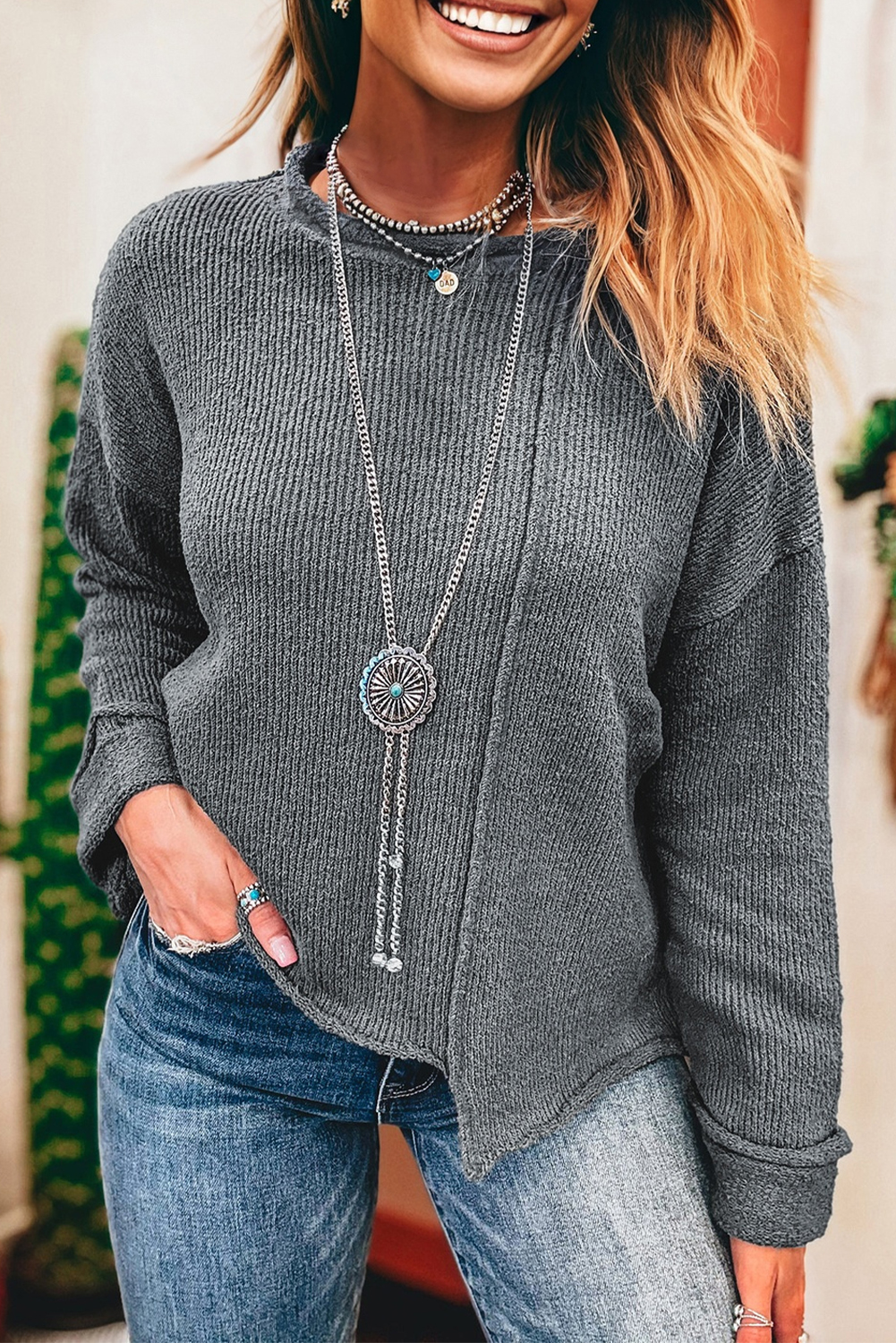 Medium Grey Raw Edge Uneven Hem Patchwork Drop Shoulder Sweater - loveforevers