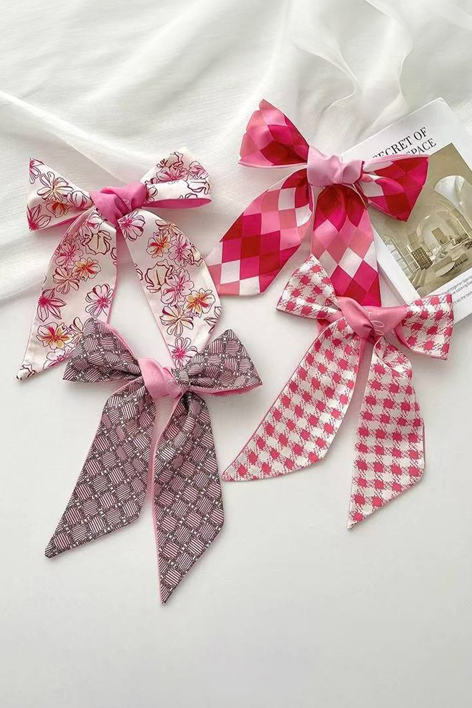 Rose Red Valentines Day Sweet Rhombus Print Ribbon Hair Band Silky Scarf - loveforevers