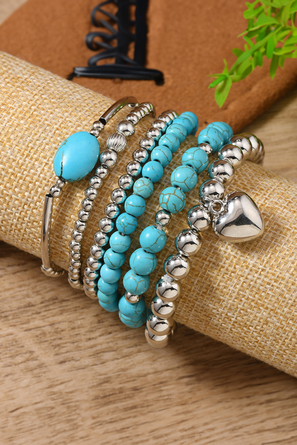 Silvery Pleated Heart Charm Beaded Turquoise Multilayer 6pcs Bracelet Set - loveforevers