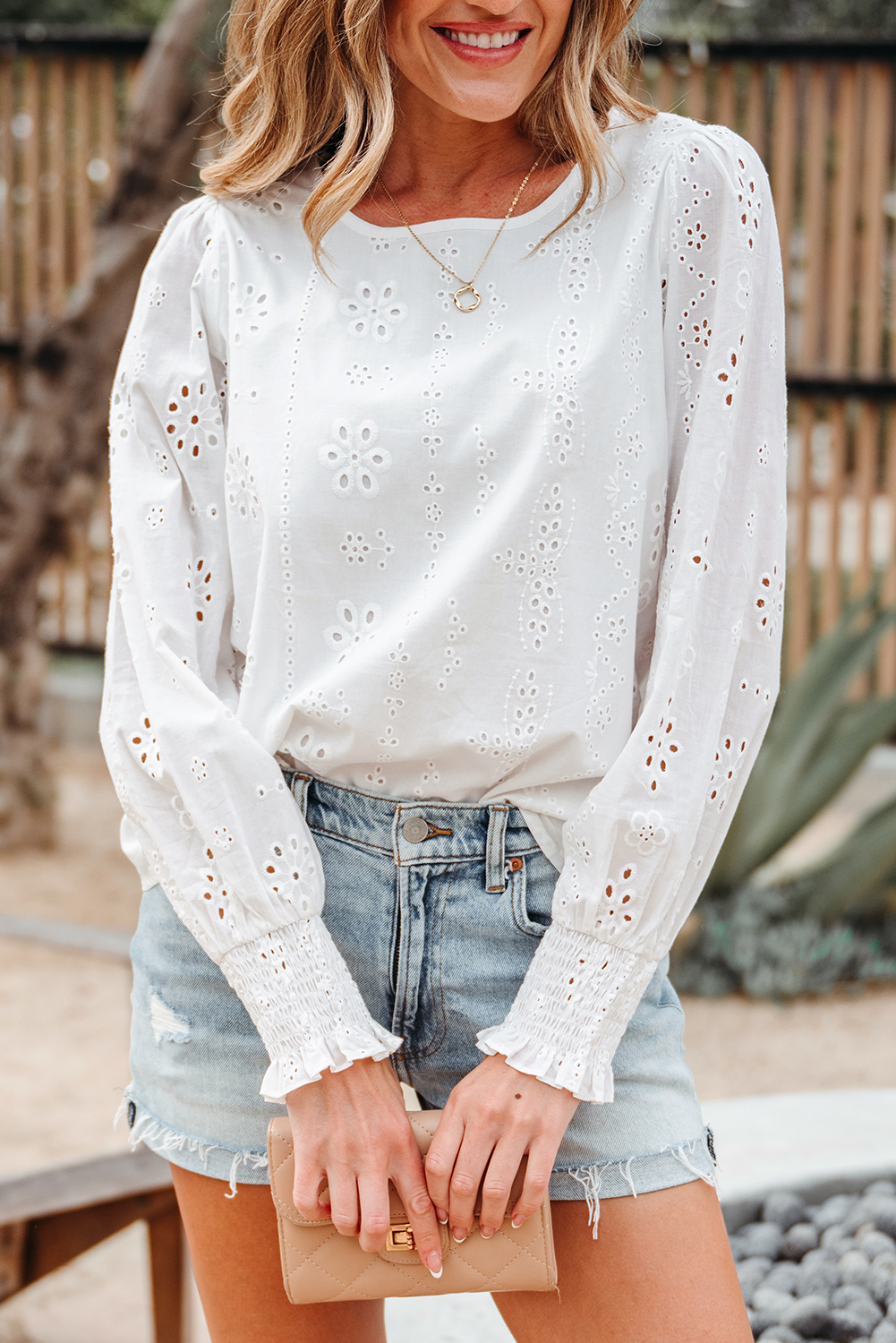 White Eyelet Embroidered Smocked Cuff Sheer Blouse - loveforevers