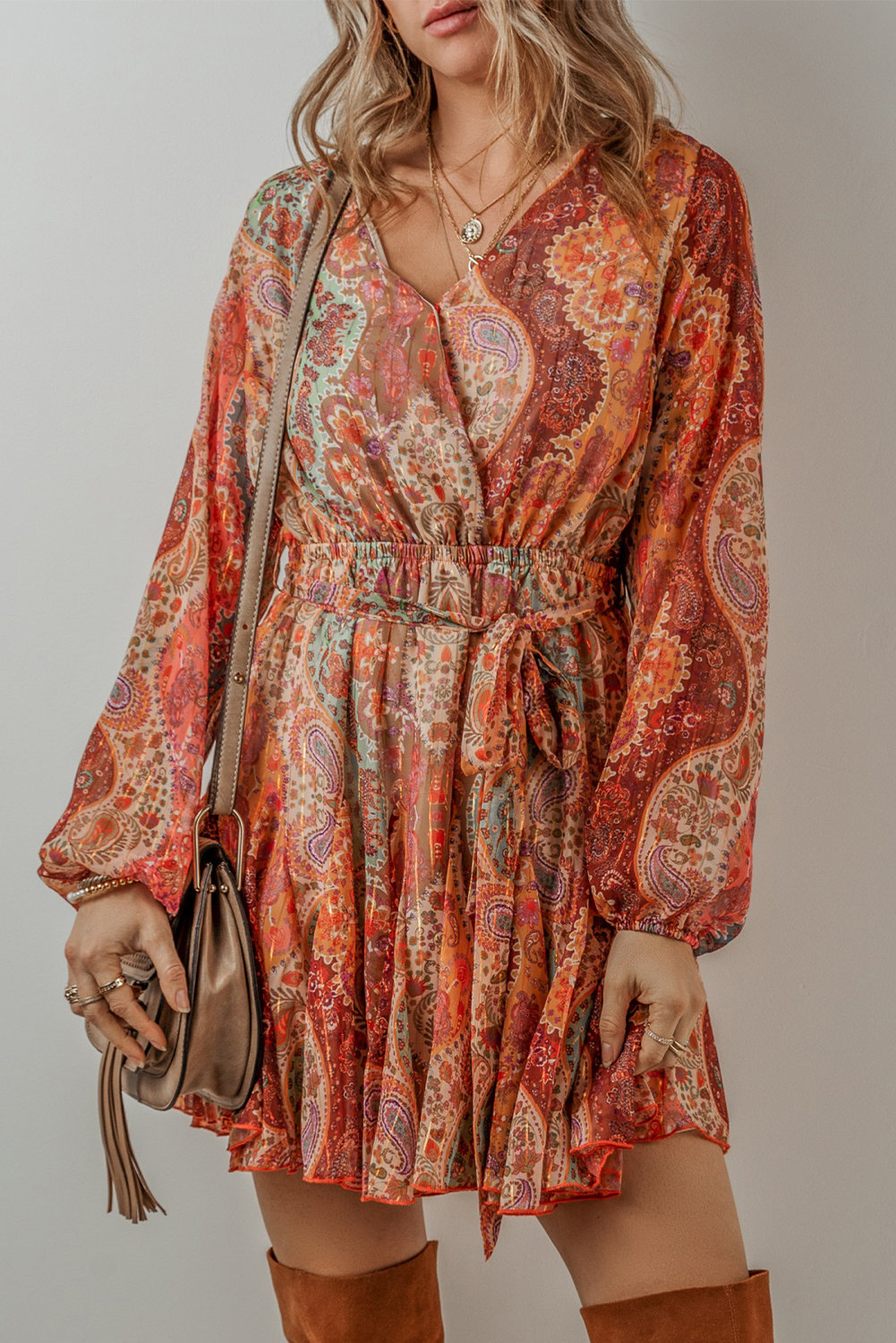 Orange Boho Paisley Print Long Sleeve Pleated Belted Mini Dress - loveforevers