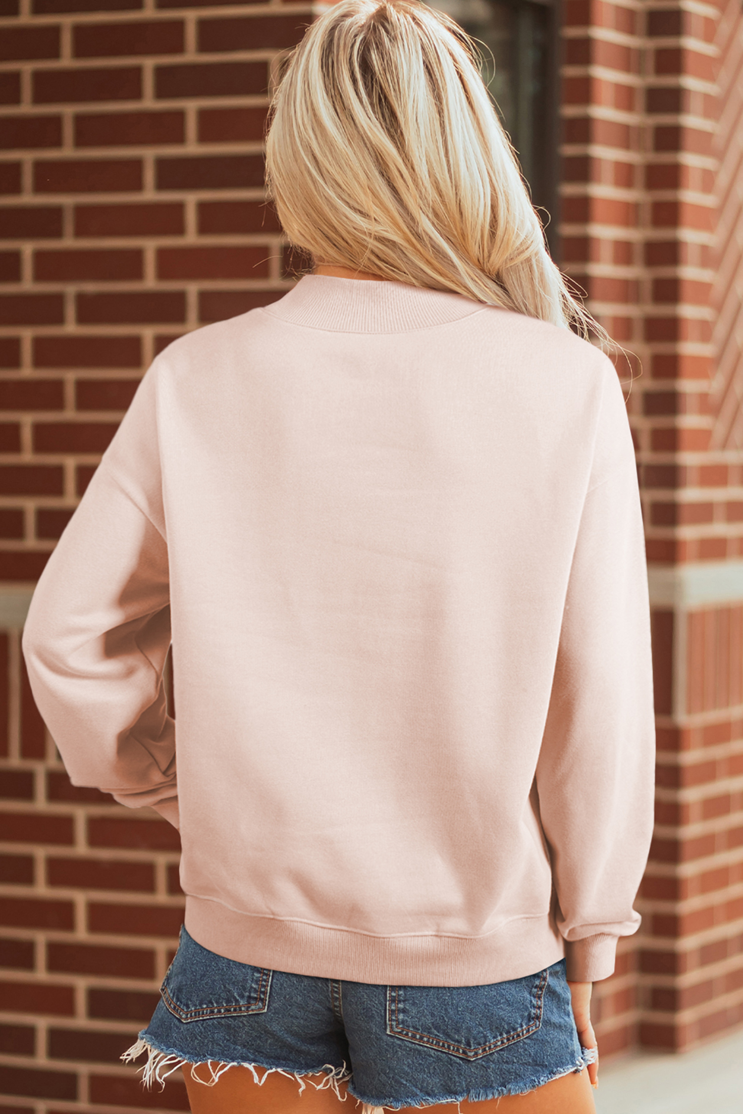 Apricot Pink Artistic Easter Eggs Sequin Patch Graphic Mock Neck Sweatshirt - loveforevers