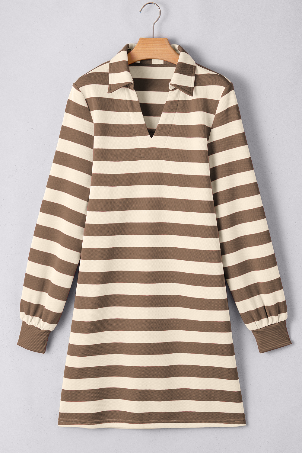Khaki Stripe Collared V Neck Long Sleeve Loose Casual Dress - loveforevers