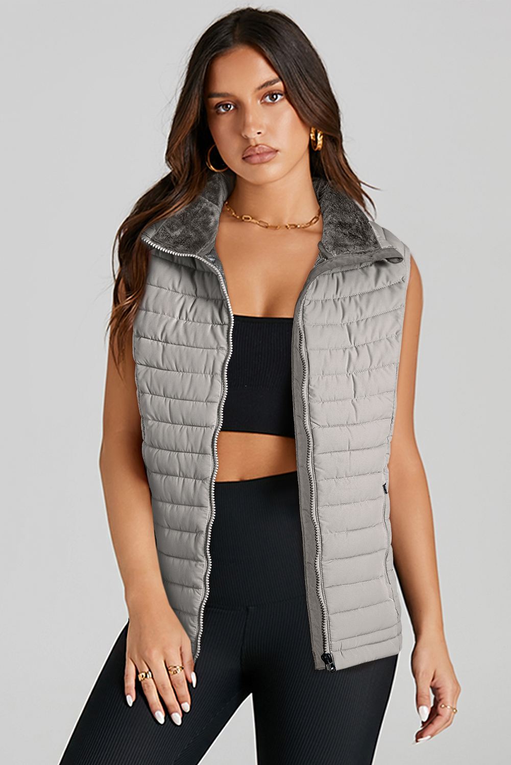 Silvery Plush Collared Quilted Zipped Puffer Vest - loveforevers