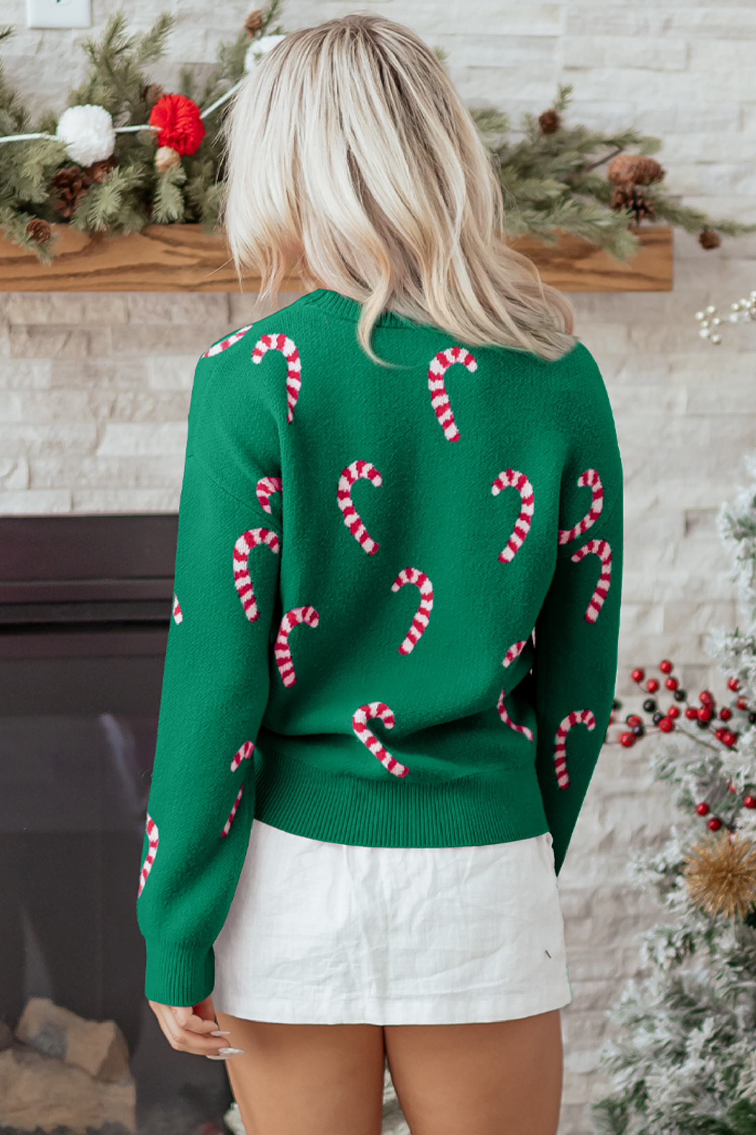 Dark Green Christmas Candy Cane Holiday Drop Shoulder Sweater - loveforevers