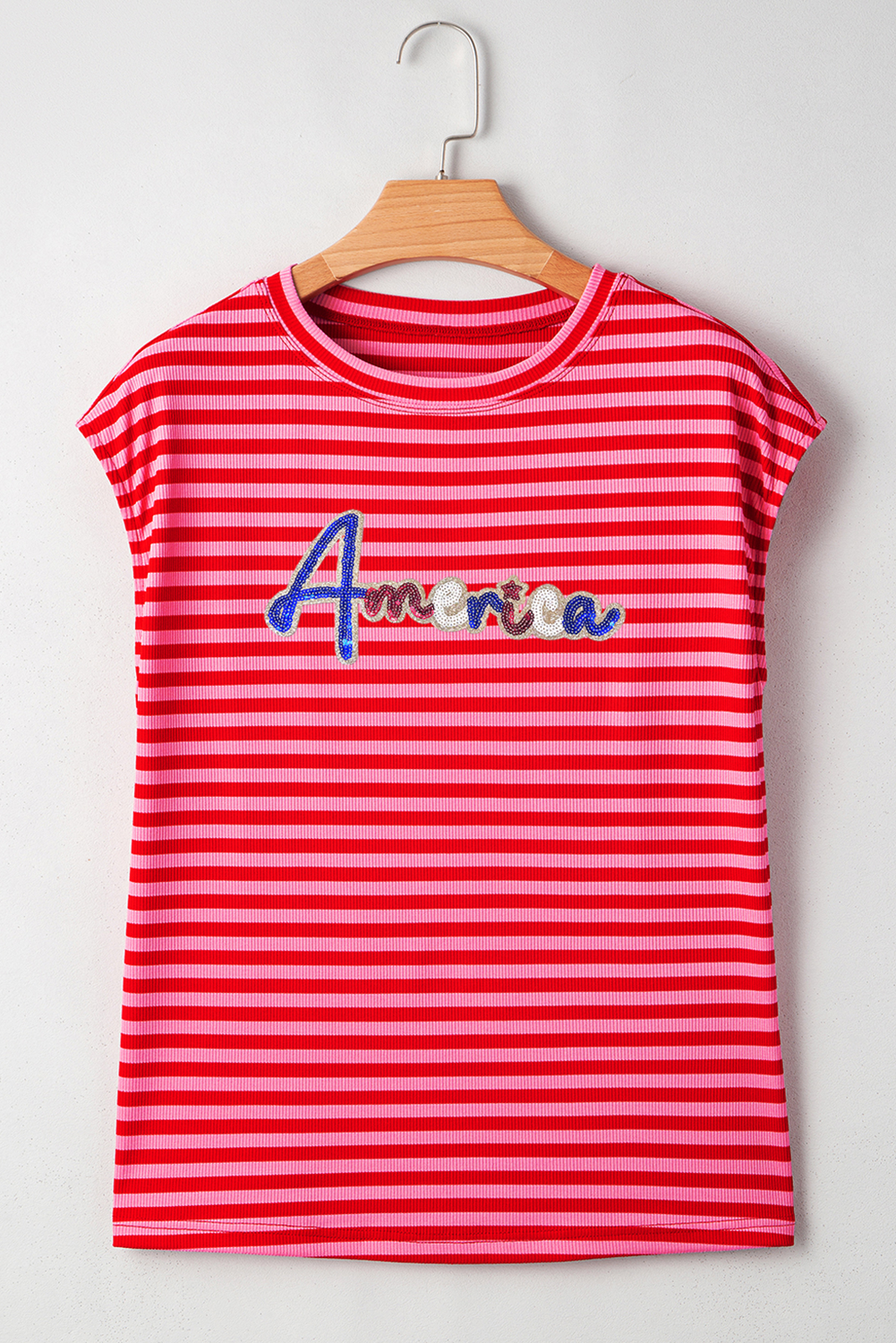 Sky Blue Stripe Ribbed Cap Sleeve Round Neck T Shirt - loveforevers