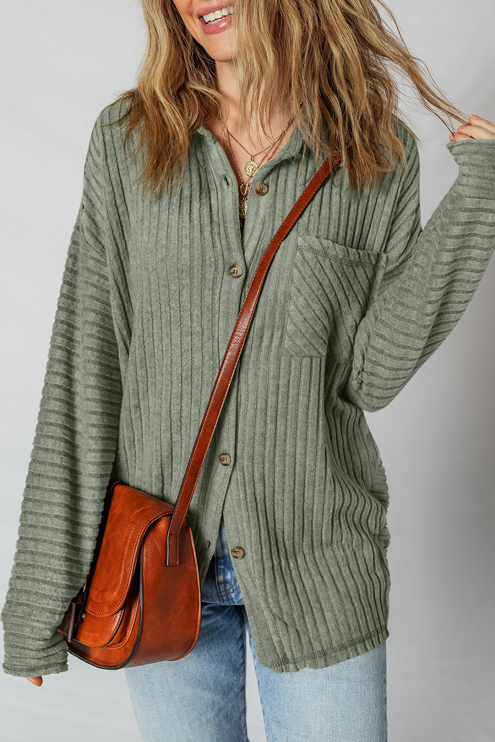 Mist Green Thermal Ribbed Texture Drop Shoulder Button Up Shacket - loveforevers