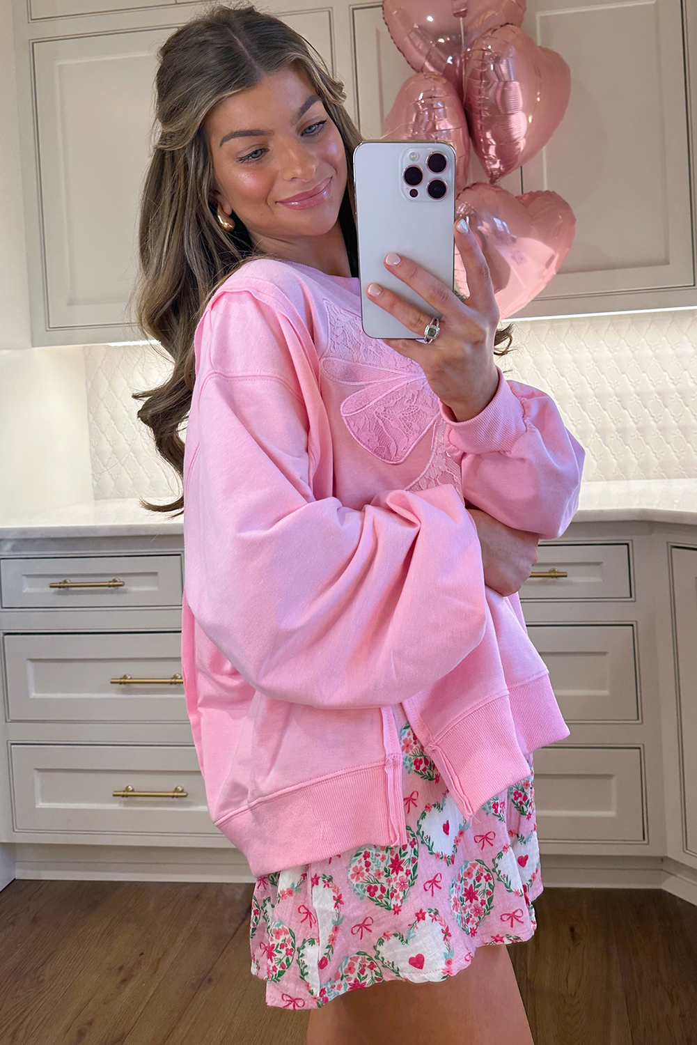 Bonbon Lace Insert Bow Embroidered Exposed Seam Sweatshirt - loveforevers