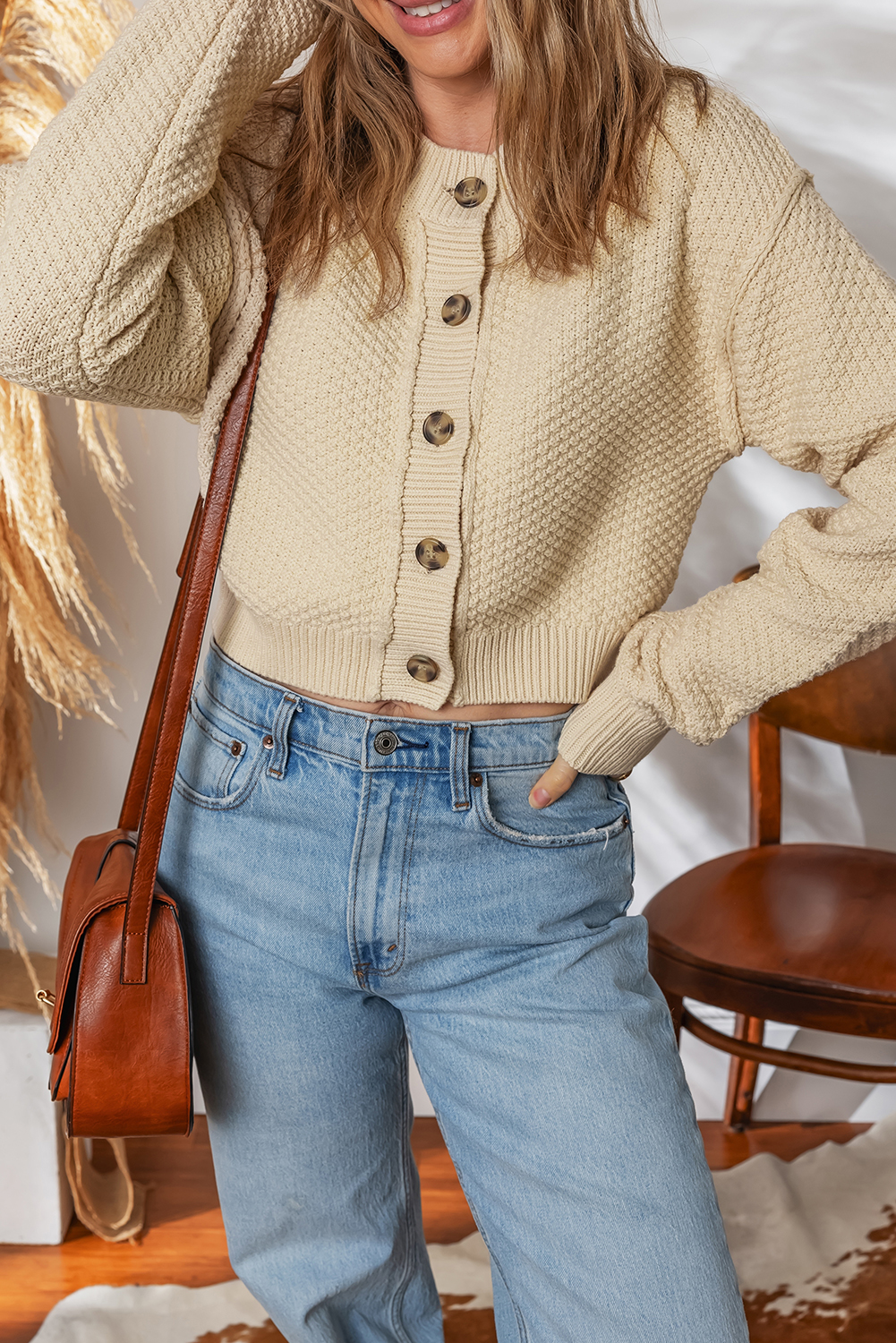 Beige Button Front Cropped Cardigan Sweater - loveforevers