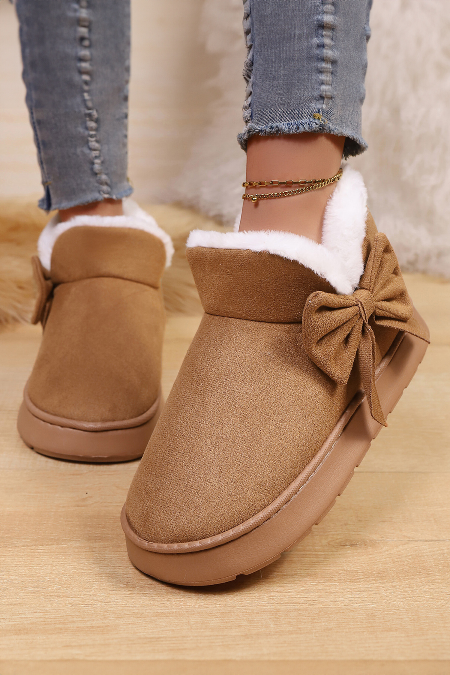 Brown Faux Suede Bow Decor Plush Lining Snow Booties - loveforevers