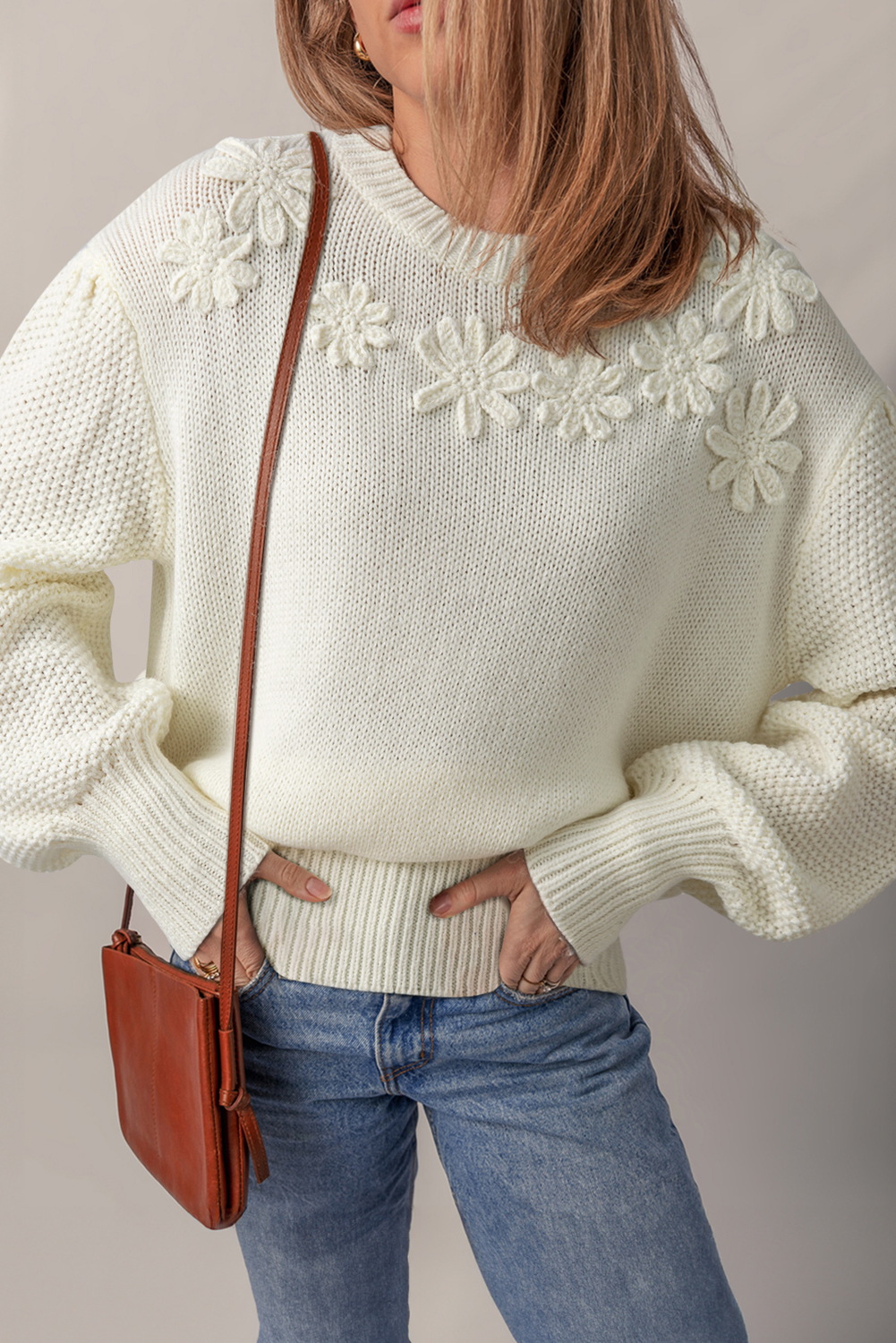 White Flower Detail Round Neck Contrast Textured Puff Sleeve Sweater - loveforevers