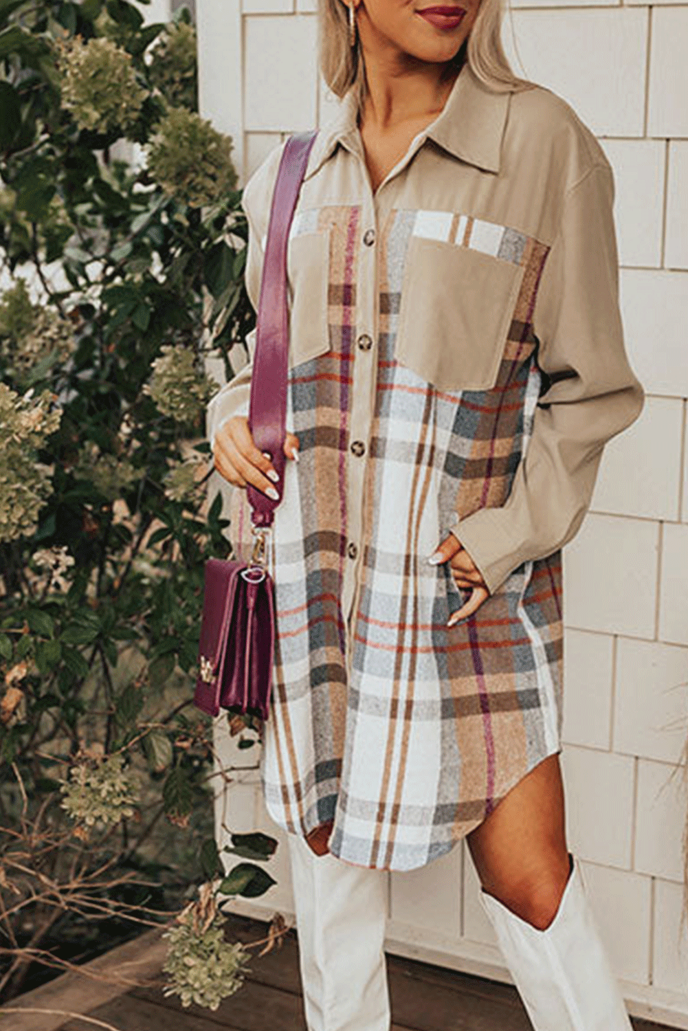 Khaki Plaid Patchwork Long Sleeve Shirt Mini Dress - loveforevers