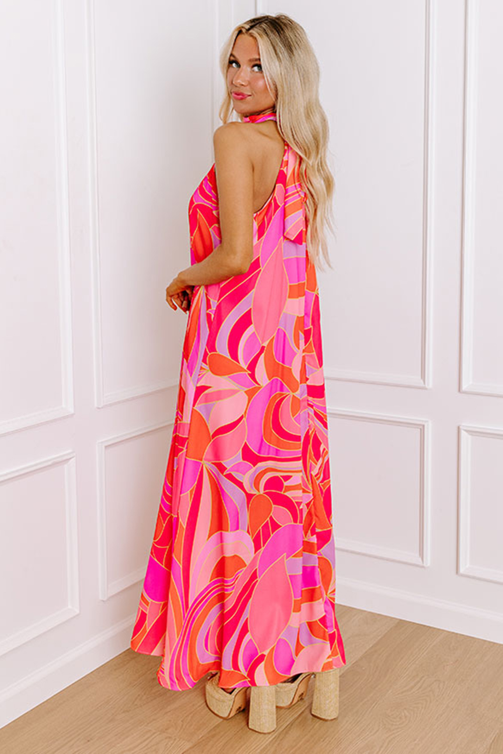Rose Abstract Printed High Neck Knotted Nape Sleeveless Maxi Dress - loveforevers