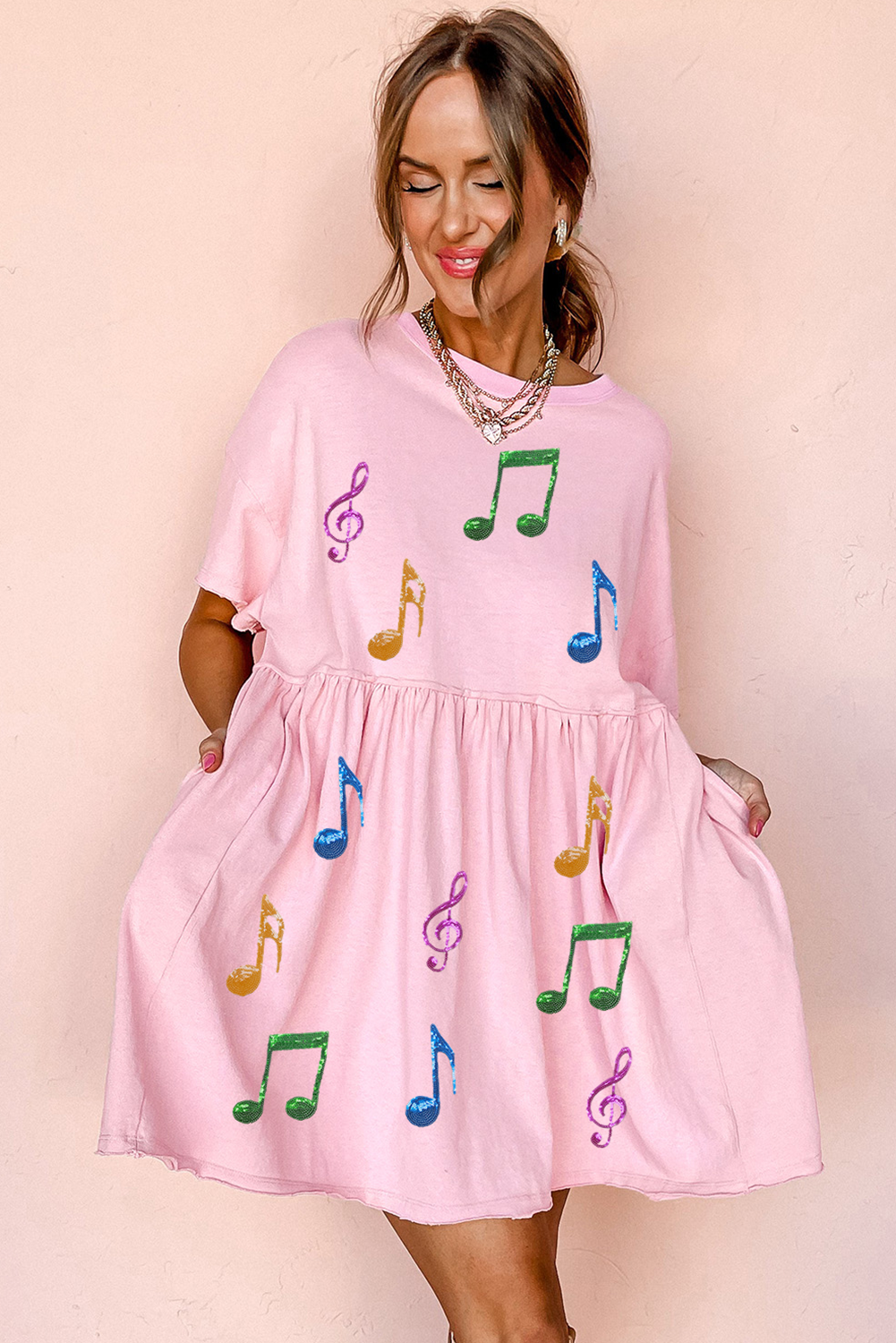 Light Pink Sequined Note Pattern Raw Edge Music Festival Babydoll T-shirt Dress - loveforevers