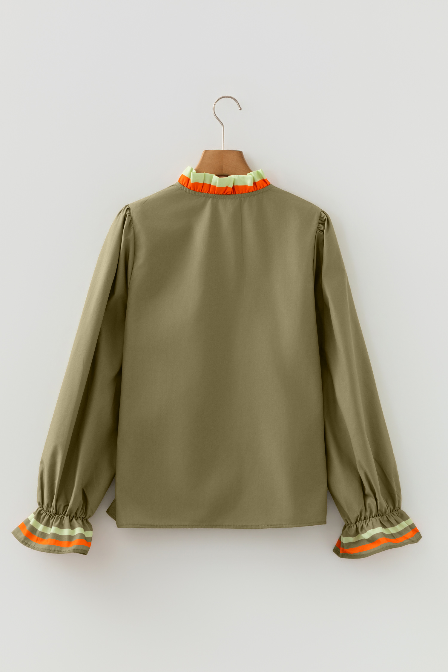 Four Leaf Clover Striped Trim Ruffle Split Neck Long Sleeve Blouse - loveforevers