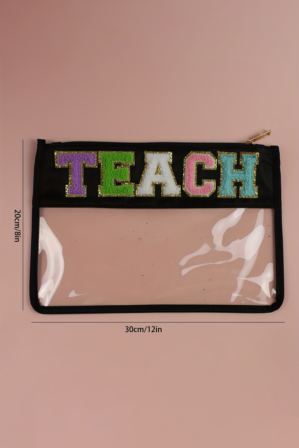 Black TEACH Glitter Chenille Clear PVC Makeup Bag - loveforevers