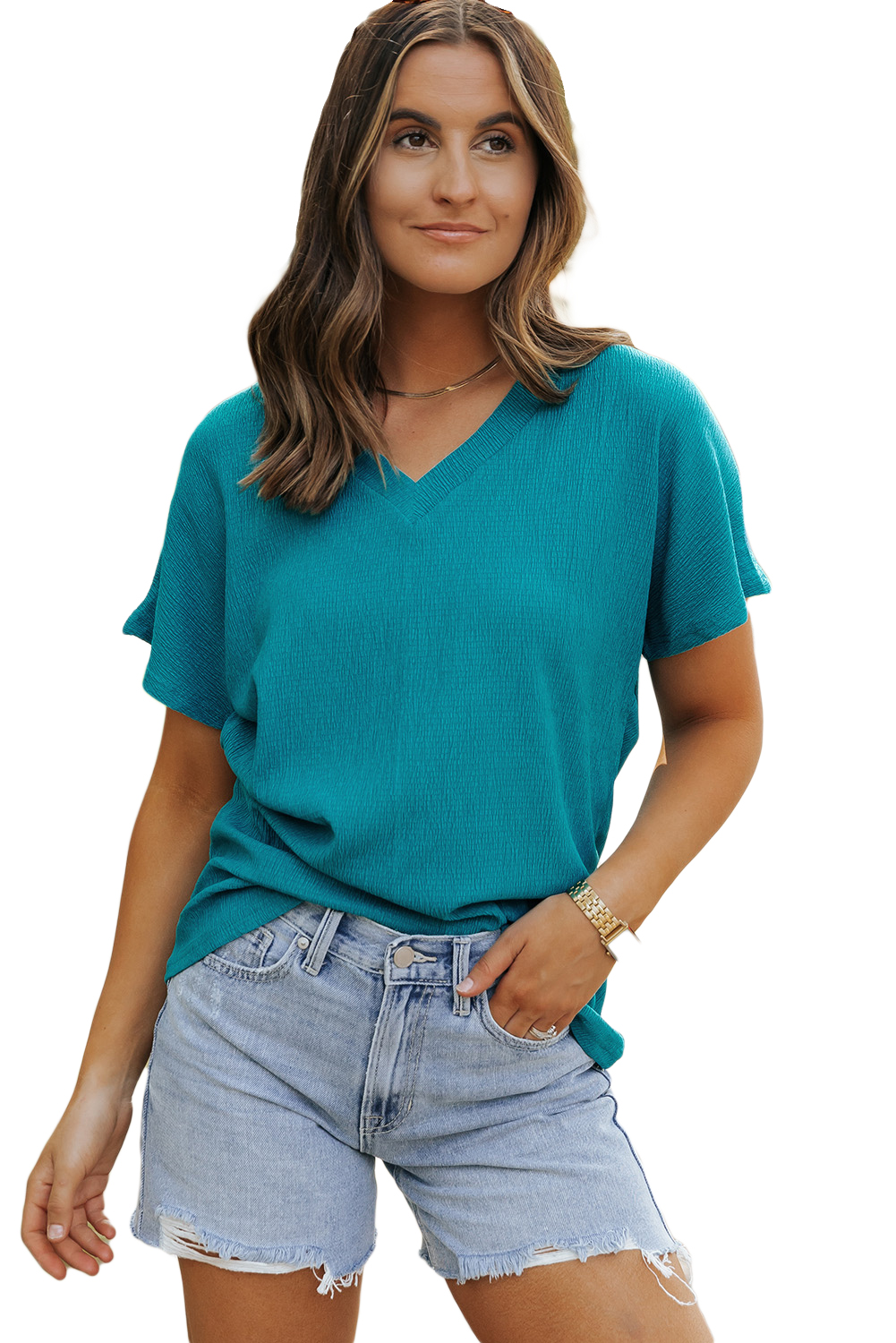 Bright Pink Crinkled V Neck Wide Sleeve T-shirt - loveforevers