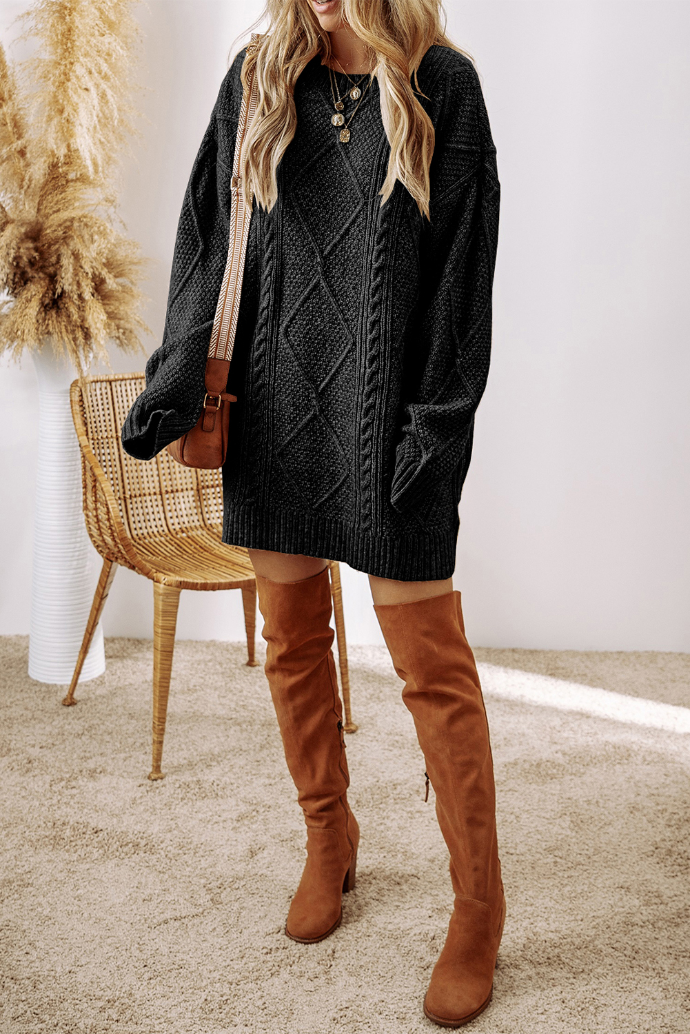 Parchment Cable Knit Drop Shoulder Loose Fit Sweater Dress - loveforevers