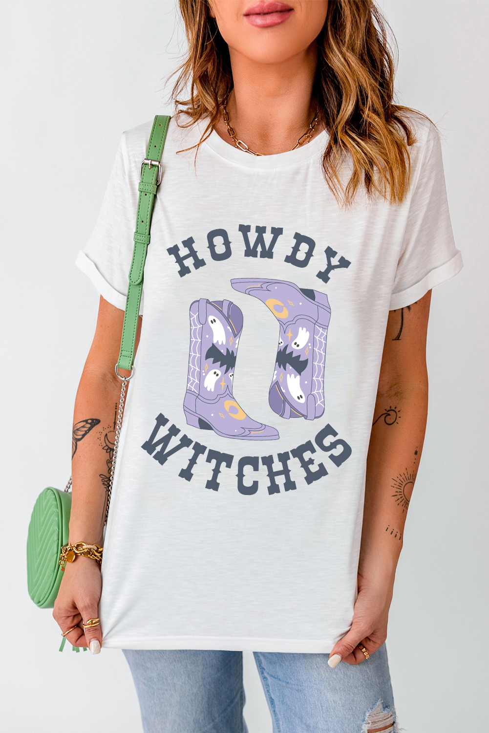 White HOWDY WITCHES Halloween Boots Crewneck T Shirt - loveforevers