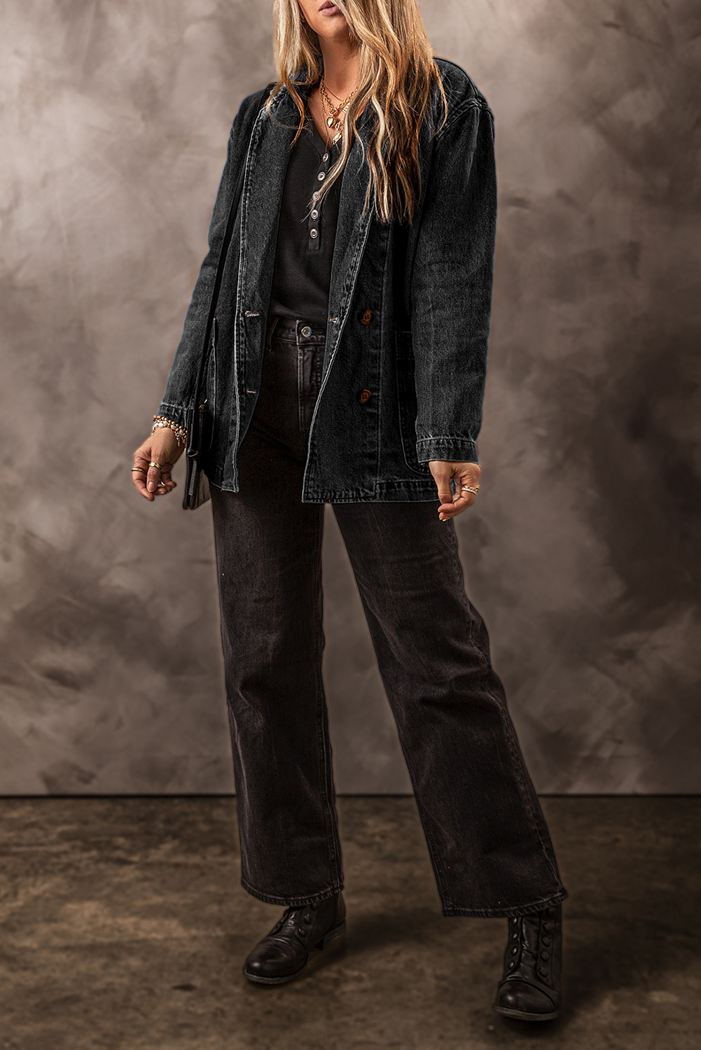 Black Side Pockets Lapel Collar Denim Jacket - loveforevers