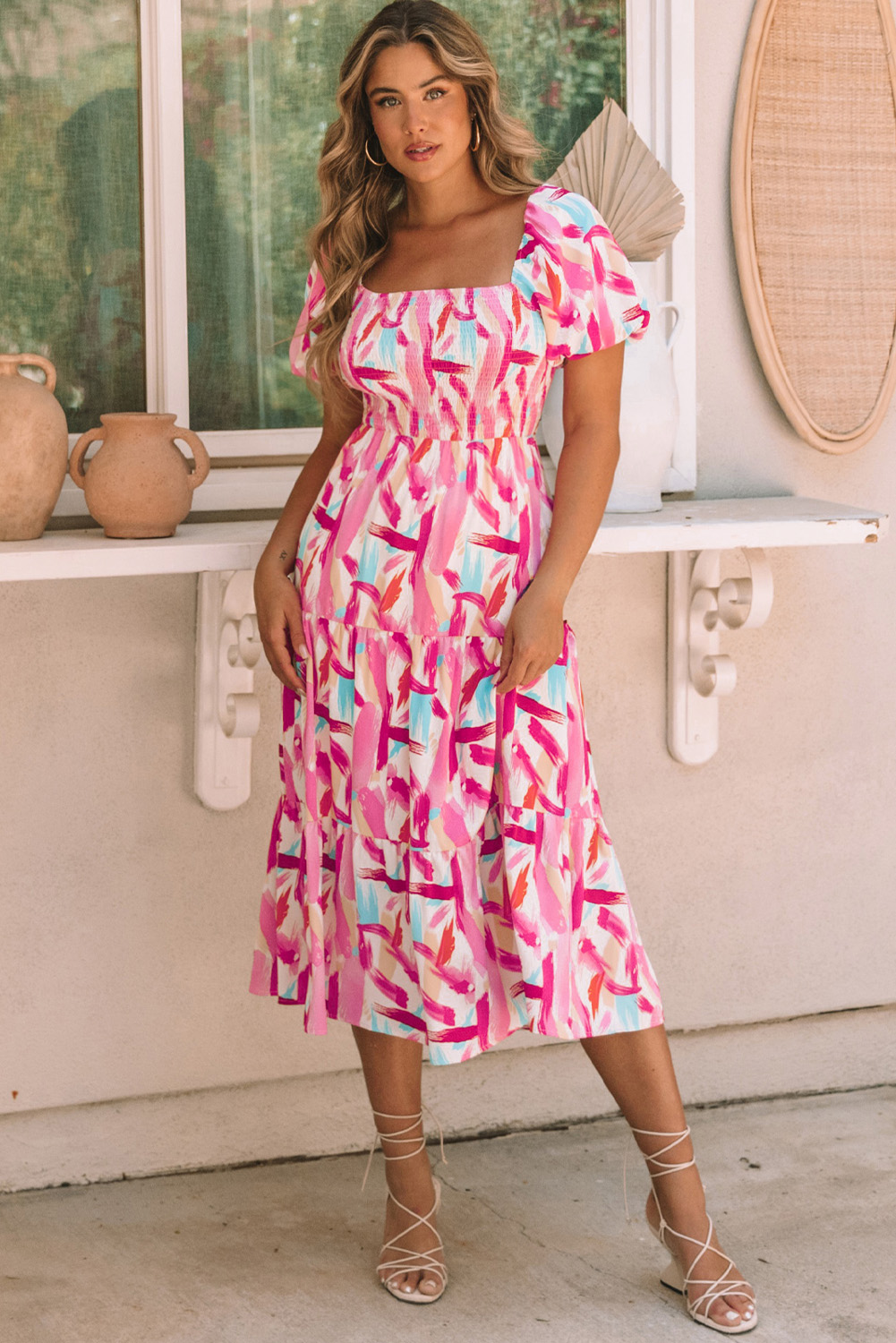 Pink Brush Stroke Printed Smocked Ruffle Tiered Dress - loveforevers
