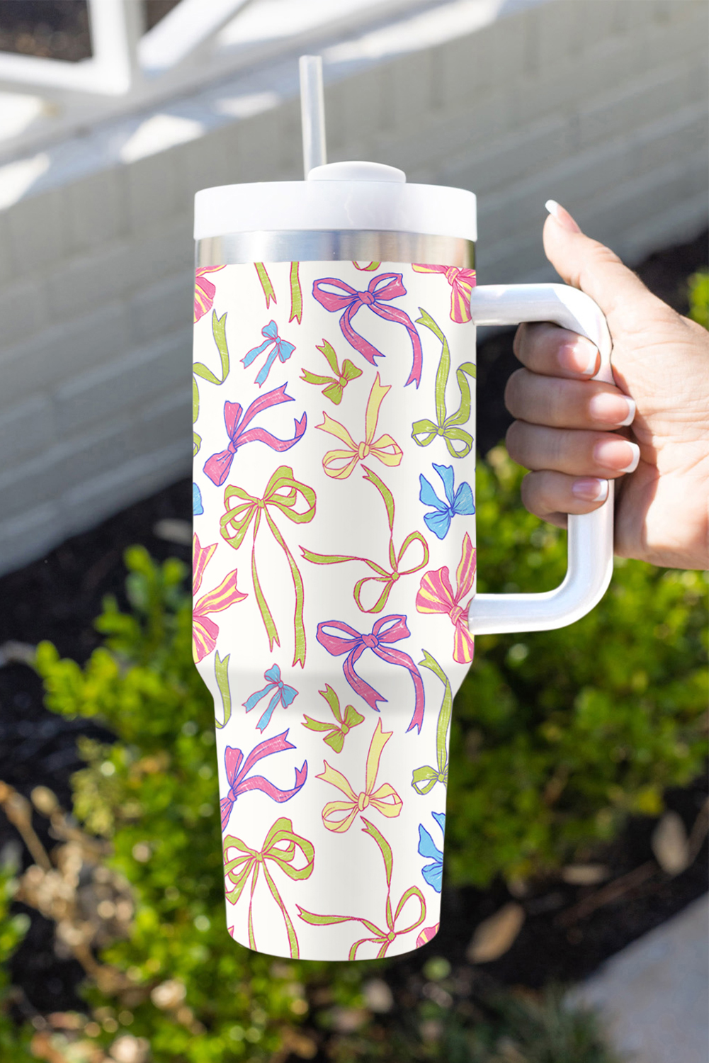 White Bow Knot Print Large Stainless Steel Vacuum Cup 40oz - loveforevers