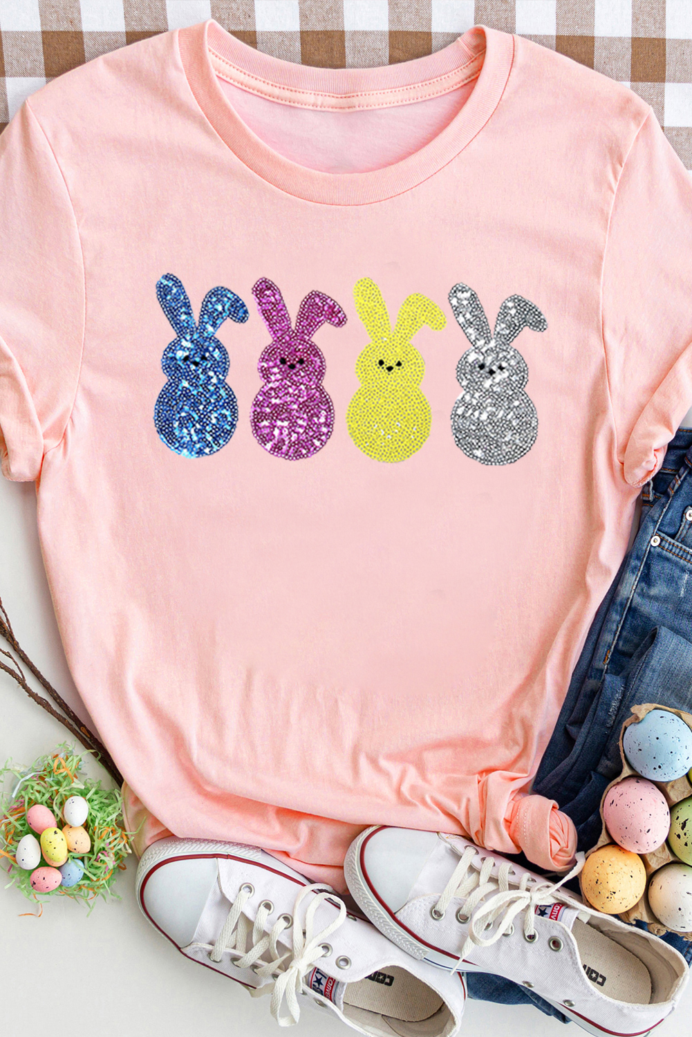 Pink Sequin Cute Bunny Graphic Easter Fashion Tee - loveforevers