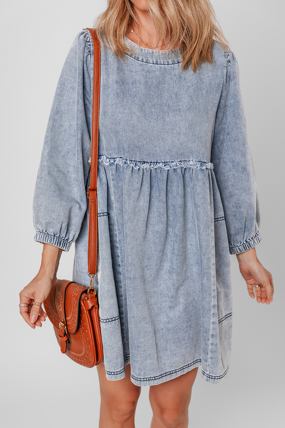 Beau Blue Light Wash High Waist Loose Fit Denim Mini Dress - loveforevers