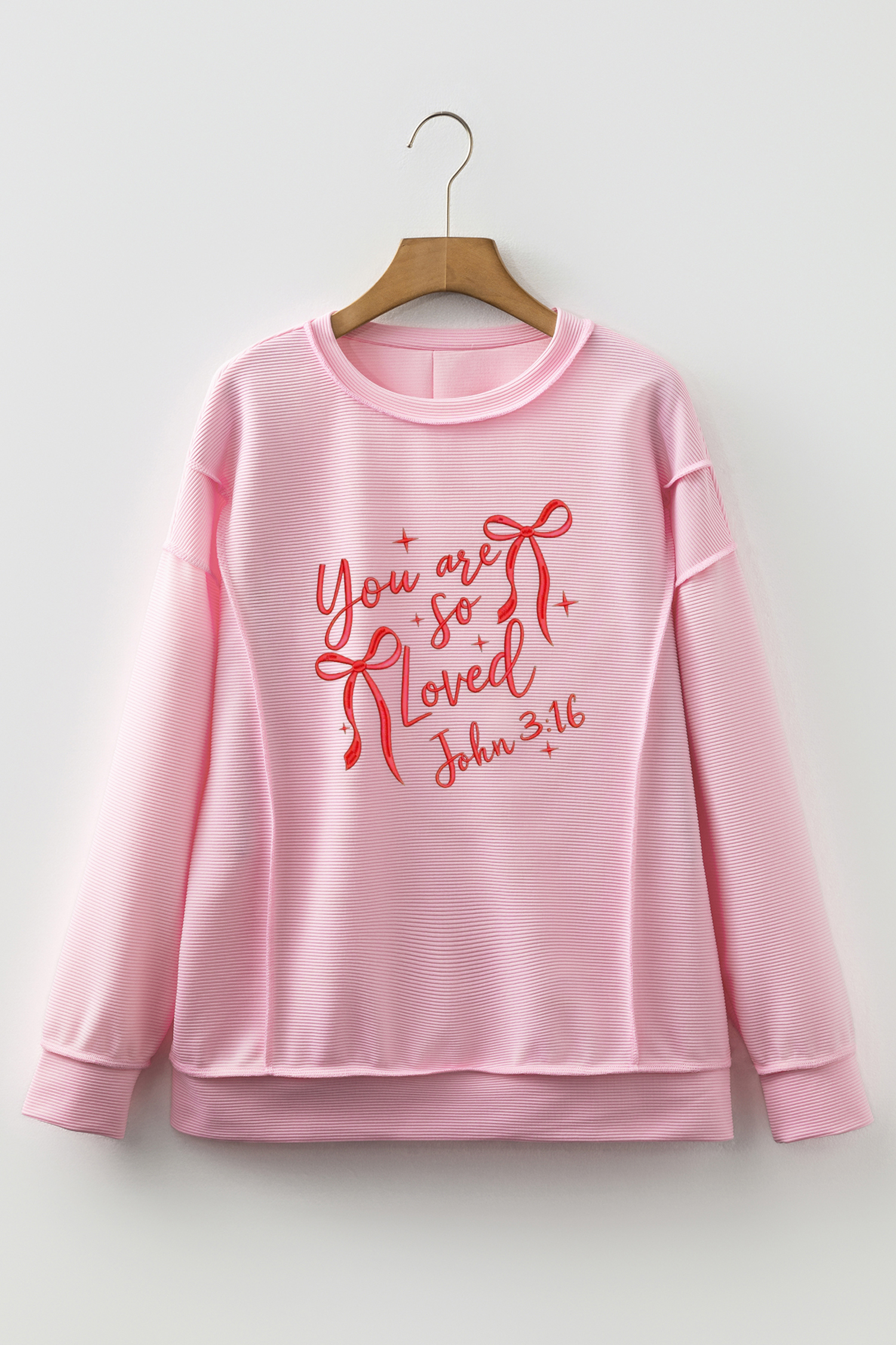 Pink you are so loved Valentines Day Bow Embroidered Graphic Pullover Top - loveforevers