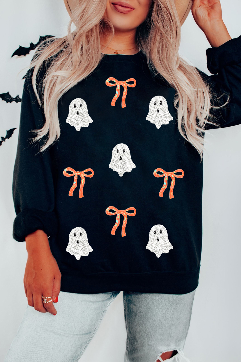 Black Sequin Bow Ghost Patched Halloween Graphic Tee - loveforevers
