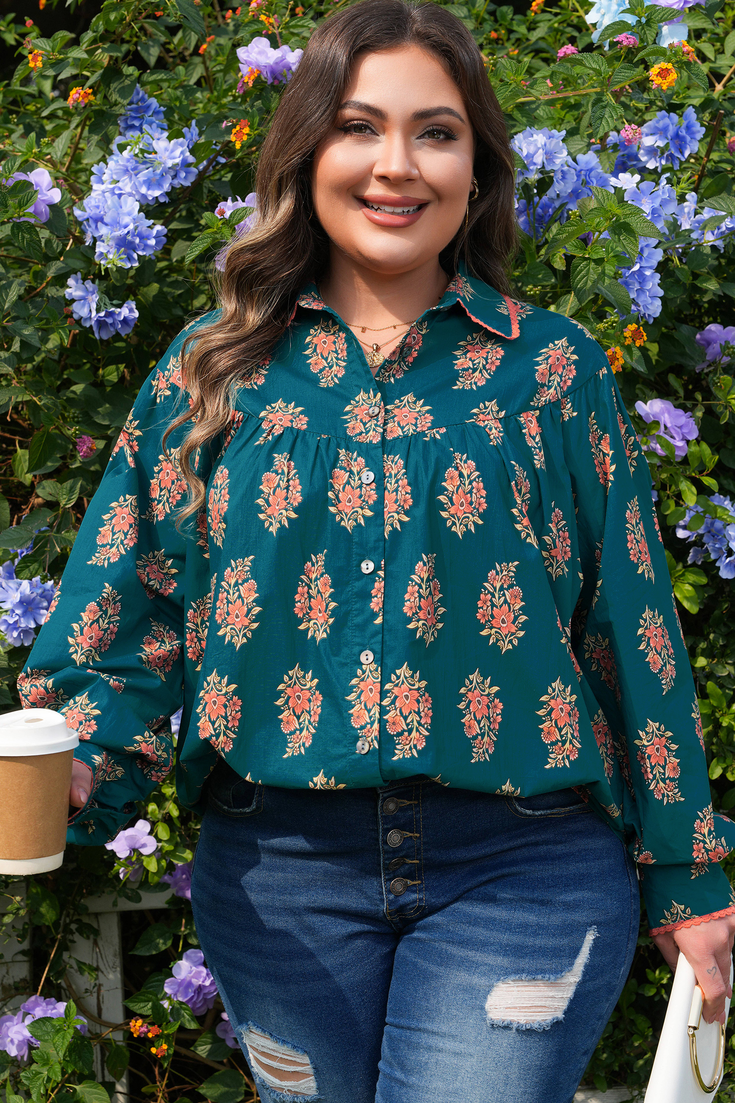 Green Plus Size Floral Print Contrast Lacy Trim Pleated Loose Shirt - loveforevers