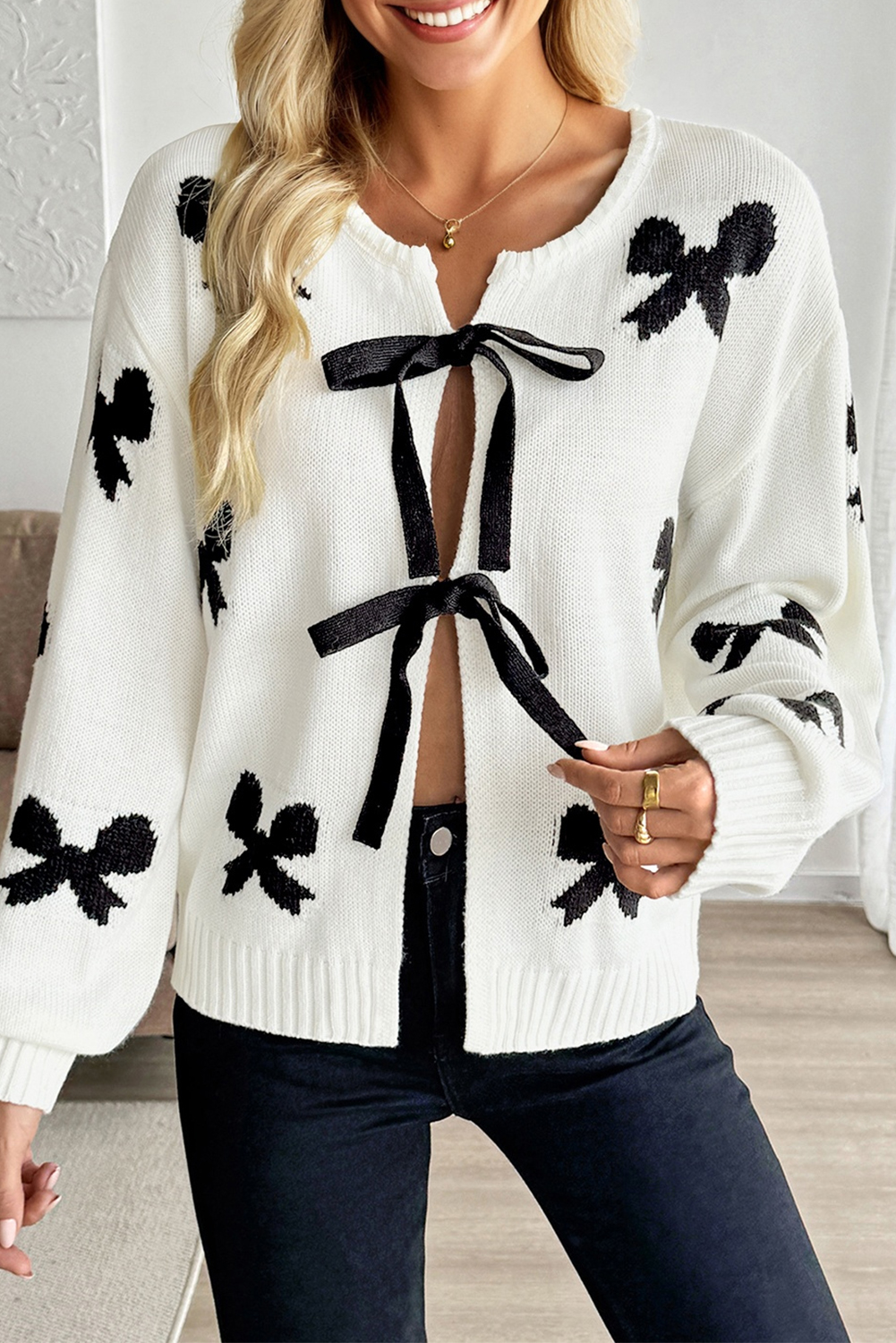 White Lace-up Bow Pattern Sweater Cardigan - loveforevers