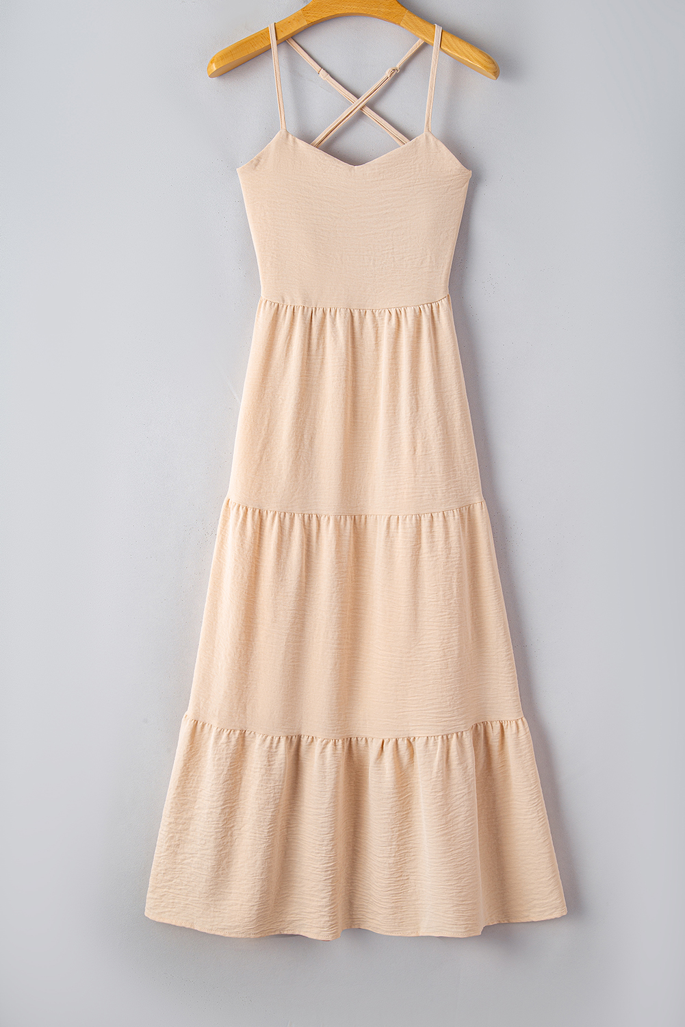 Oatmeal Crossover Backless Bodice Tiered Maxi Dress - loveforevers