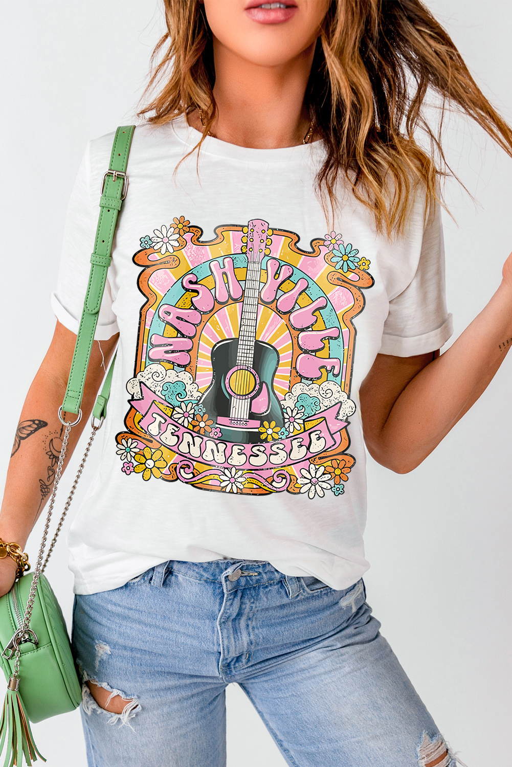 White NASHIVILLE Guitar Graphic Country Music T Shirt - loveforevers