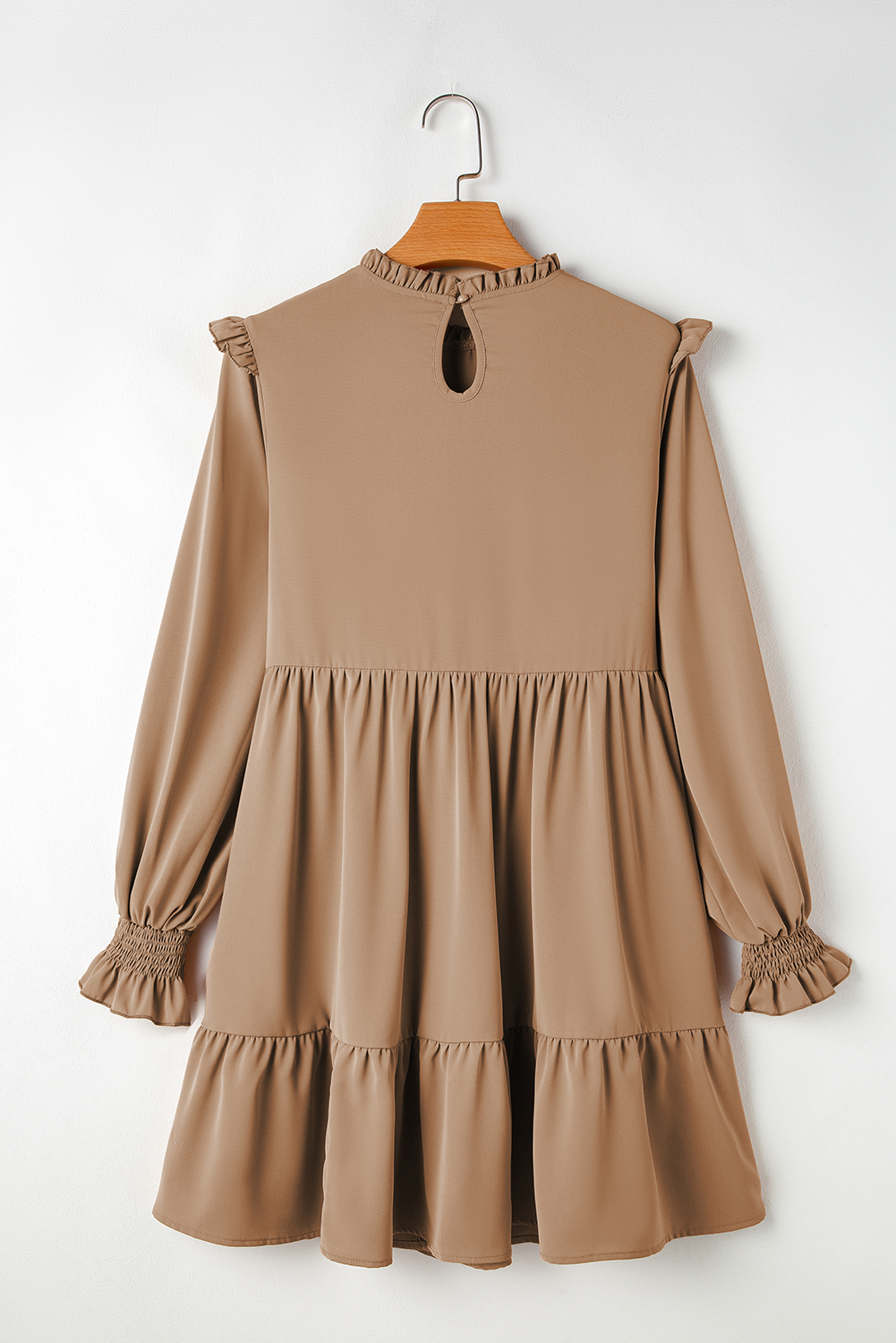 Light French Beige Frilled Collar Ruffled Shoulder Tiered Dress - loveforevers
