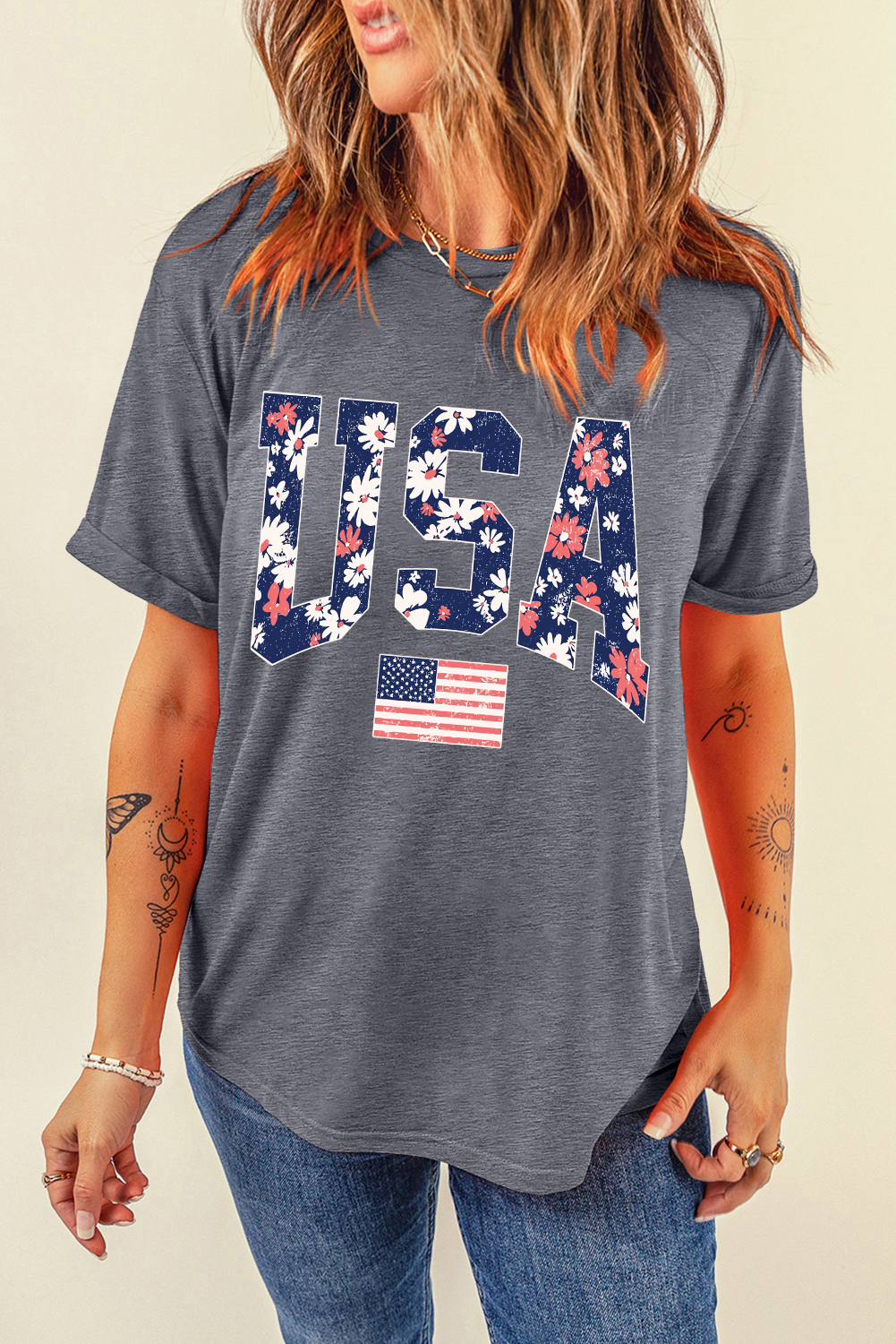 Gray Blooming USA Flag Print Casual T Shirt - loveforevers
