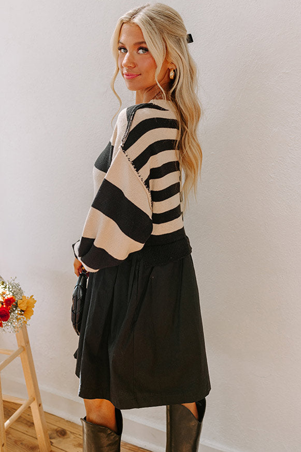 Black Stripe Two in One Knitted Top High Waist Splicing Hem Sweater Dress - loveforevers